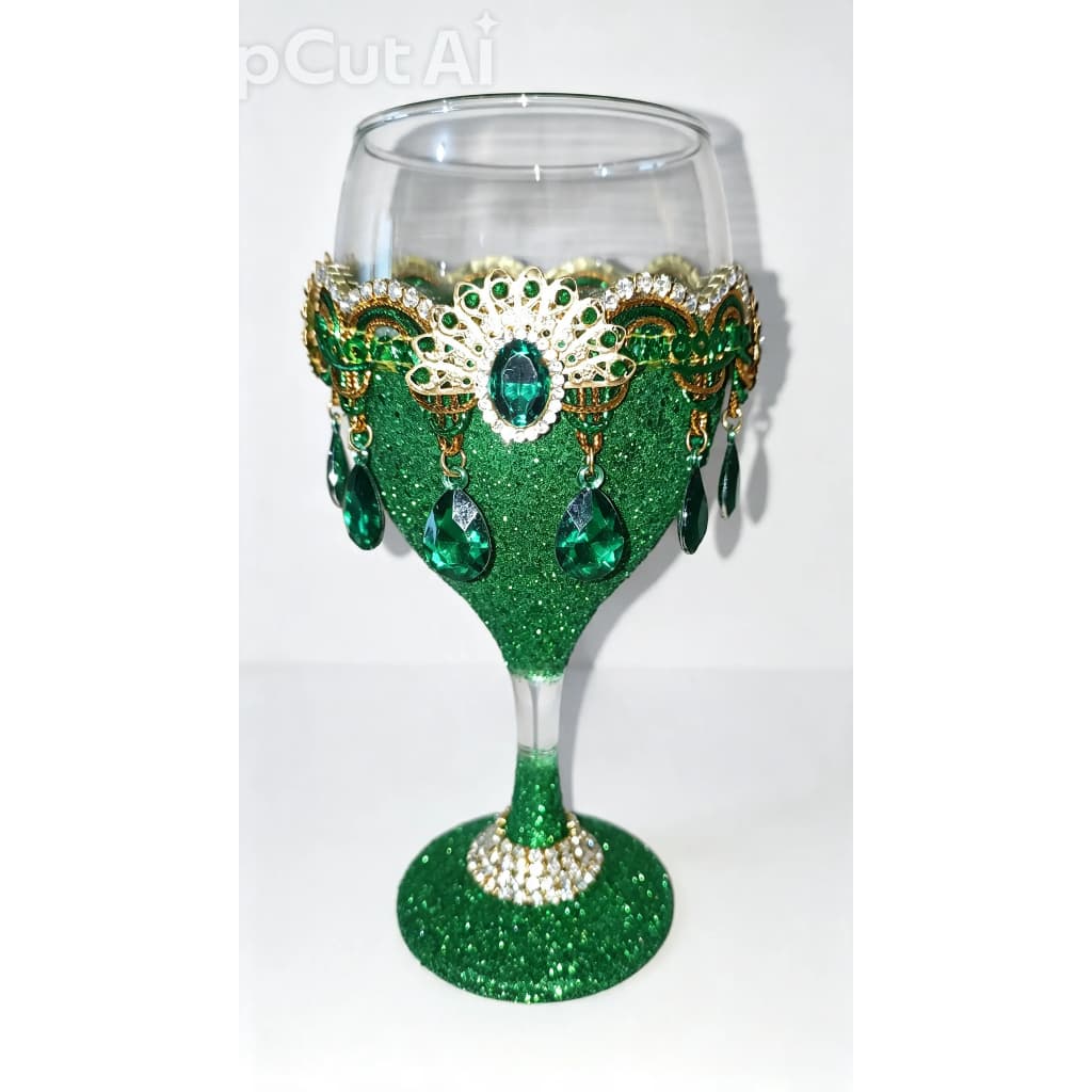 Taça para Cigana Esmeralda Artesanal Verde com Pedrarias, Strass e Detalhes Dourados Taça para Cigana Esmeralda Artesanal Verde com Pedrarias, Strass e Detalhes Dourados