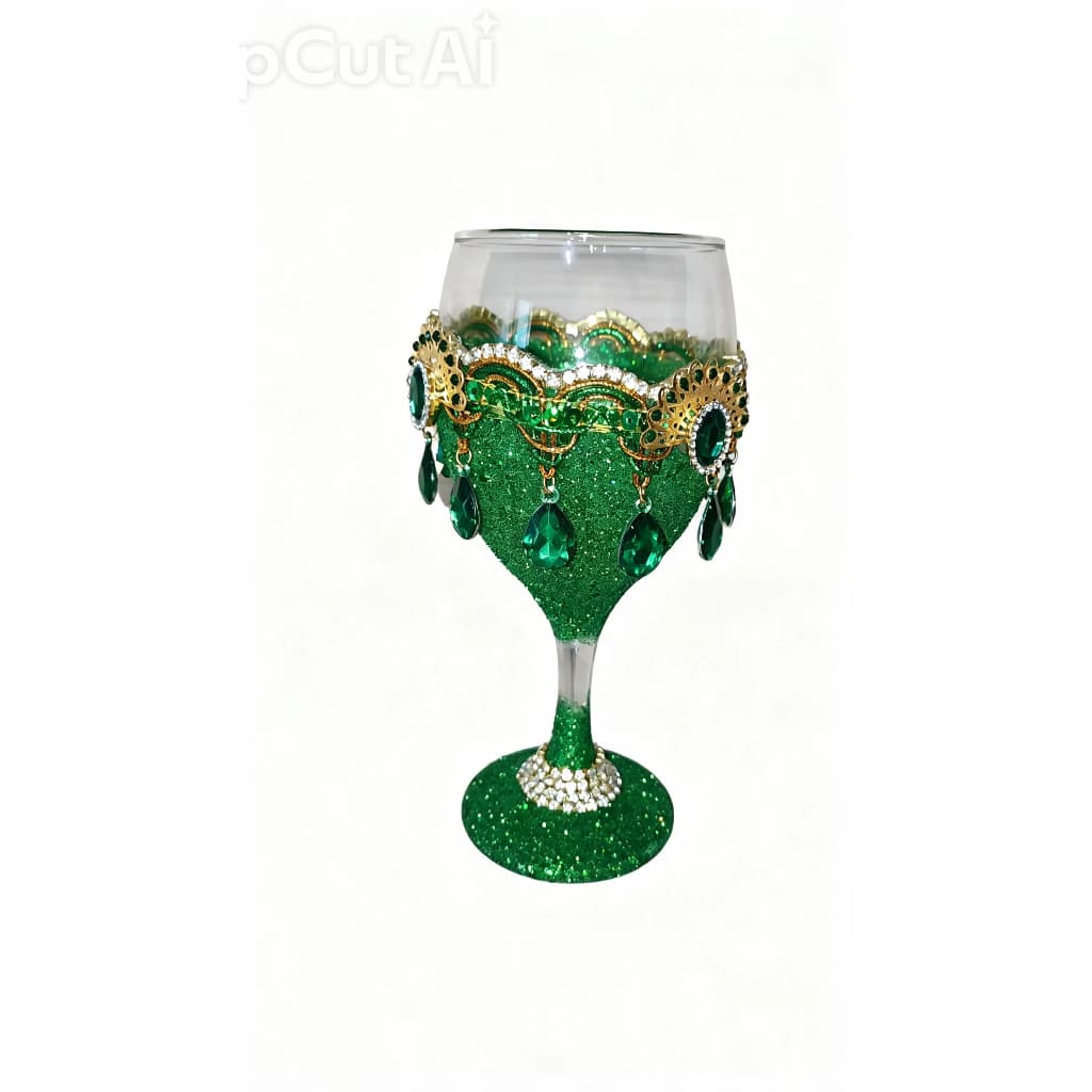 Taça para Cigana Esmeralda Artesanal Verde com Pedrarias, Strass e Detalhes Dourados Taça para Cigana Esmeralda Artesanal Verde com Pedrarias, Strass e Detalhes Dourados