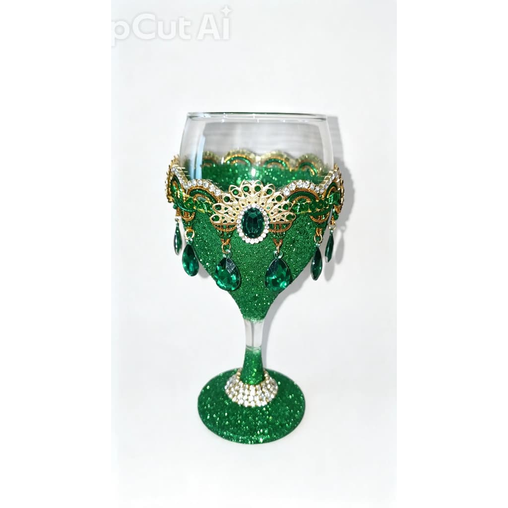 Taça para Cigana Esmeralda Artesanal Verde com Pedrarias, Strass e Detalhes Dourados Taça para Cigana Esmeralda Artesanal Verde com Pedrarias, Strass e Detalhes Dourados