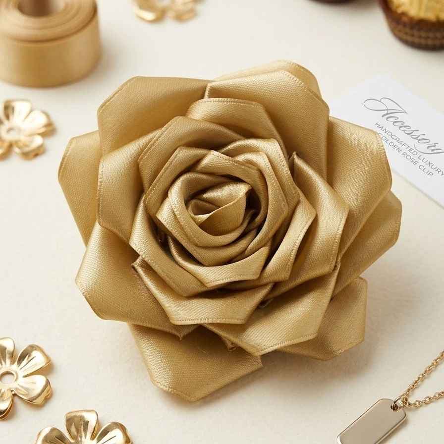 Presilha de Cabelo Rosa de Cetim Dourada 25 Pétalas Artesanal para Estilo Elegante e Moderno com Fixação Prática Presilha de Cabelo Rosa de Cetim Dourada 25 Pétalas Artesanal para Estilo Elegante e Moderno com Fixação Prática