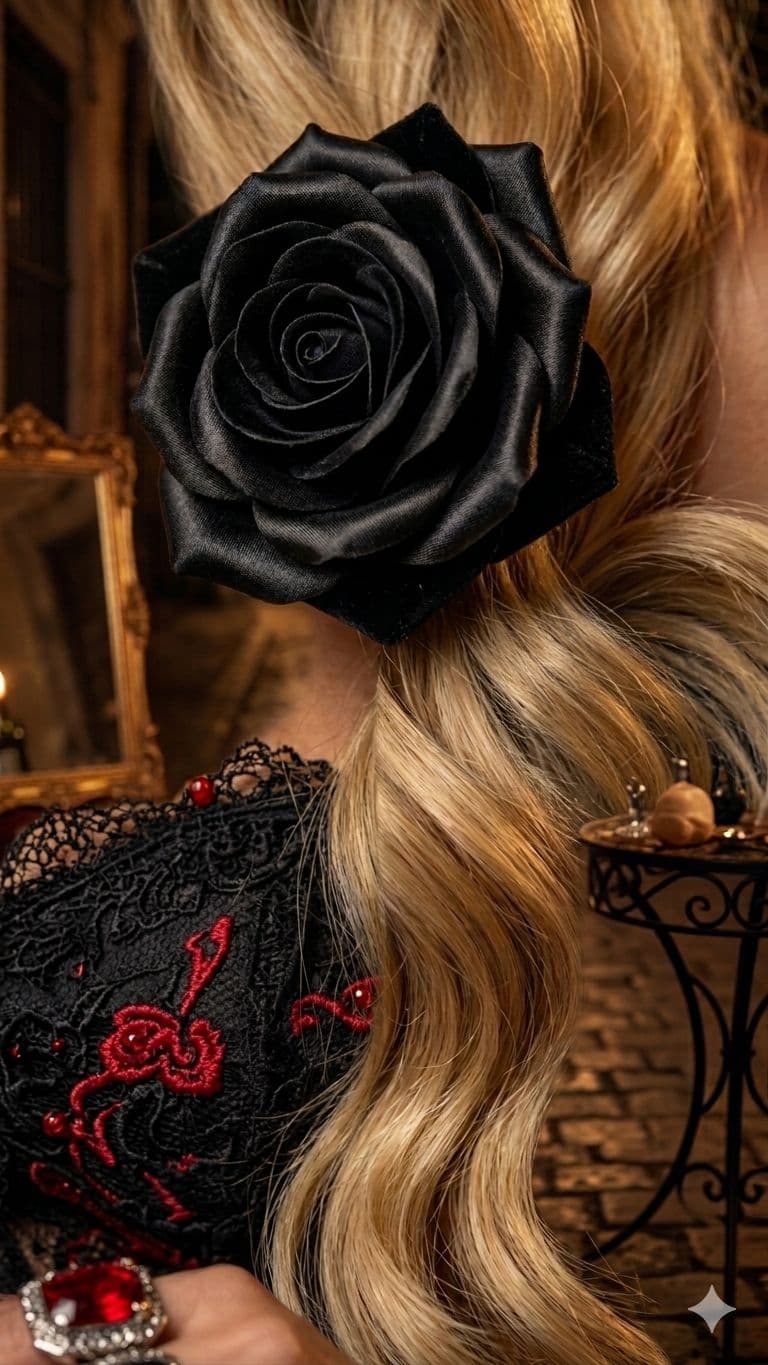 Presilha de Cabelo Rosa de Cetim Preta 25 Pétalas Artesanal para Estilo Elegante e Moderno com Fixação Prática Presilha de Cabelo Rosa de Cetim Preta 25 Pétalas Artesanal para Estilo Elegante e Moderno com Fixação Prática