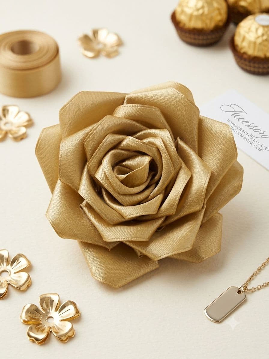 Presilha de Cabelo Rosa de Cetim Dourada 25 Pétalas Artesanal para Estilo Elegante e Moderno com Fixação Prática Presilha de Cabelo Rosa de Cetim Dourada 25 Pétalas Artesanal para Estilo Elegante e Moderno com Fixação Prática