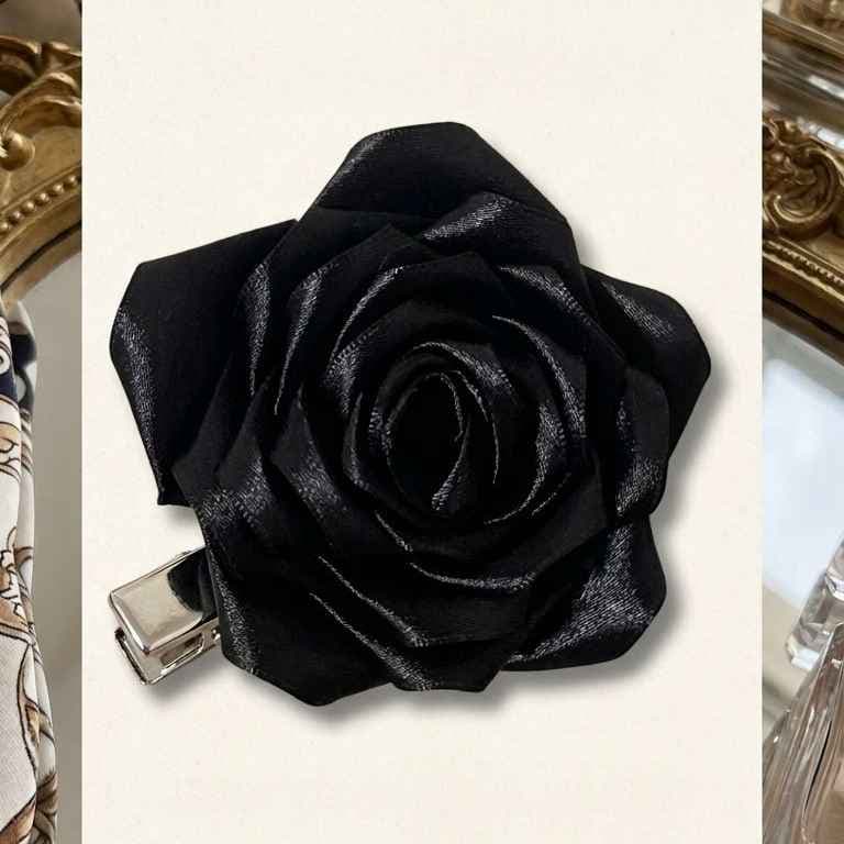 Presilha de Cabelo Rosa de Cetim Preta 25 Pétalas Artesanal para Estilo Elegante e Moderno com Fixação Prática Presilha de Cabelo Rosa de Cetim Preta 25 Pétalas Artesanal para Estilo Elegante e Moderno com Fixação Prática