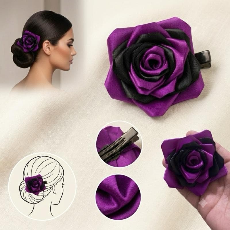 Presilha de Cabelo Rosa de Cetim preta e roxa 25 Pétalas Artesanal para Estilo Elegante e Moderno com Fixação Prática Presilha de Cabelo Rosa de Cetim preta e roxa 25 Pétalas Artesanal para Estilo Elegante e Moderno com Fixação Prática