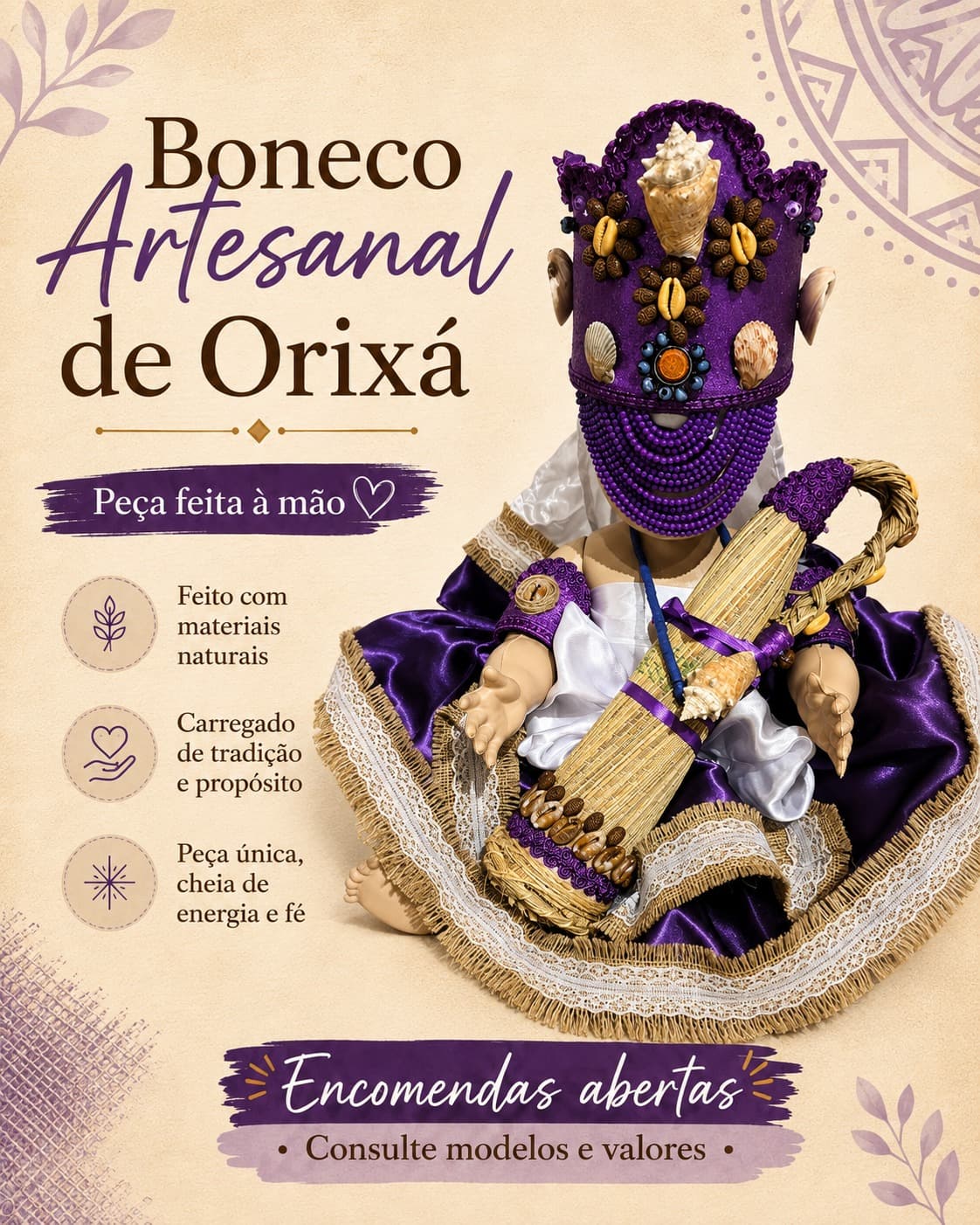 Boneco Artesanal de Orixá — 💜 Peça única feita à mão com materiais naturais, conchas, sementes e pedrarias. Boneco Artesanal de Orixá — 💜 Peça única feita à mão com materiais naturais, conchas, sementes e pedrarias.