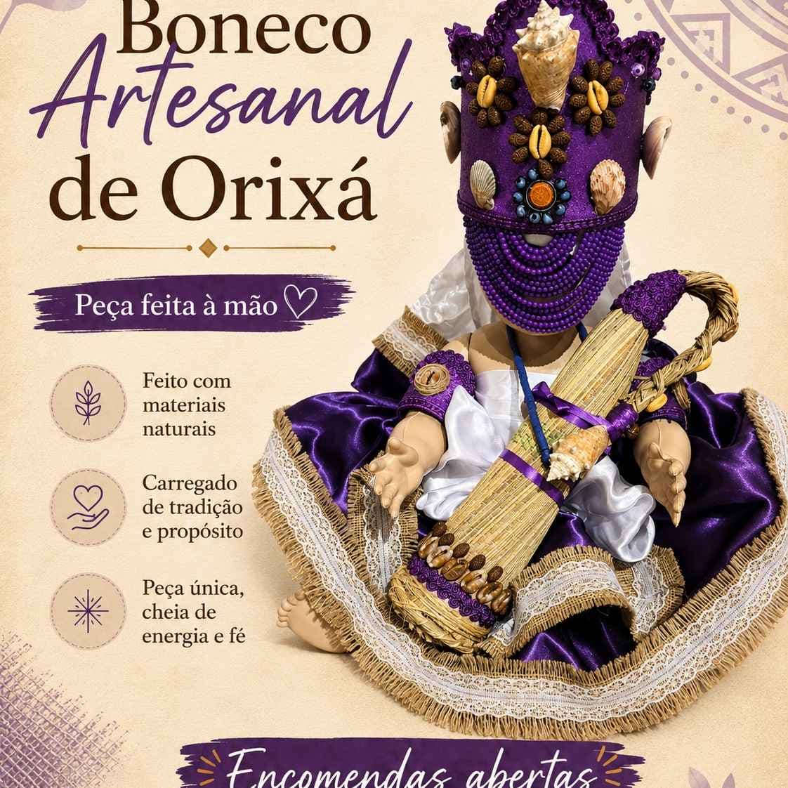 Boneco Artesanal de Orixá — 💜 Peça única feita à mão com materiais naturais, conchas, sementes e pedrarias. Boneco Artesanal de Orixá — 💜 Peça única feita à mão com materiais naturais, conchas, sementes e pedrarias.
