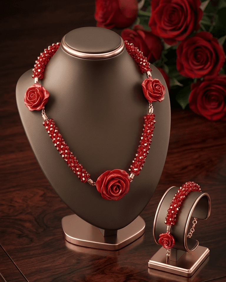 Colar e Pulseira Flor Rosa Vermelha Colar e Pulseira Flor Rosa Vermelha