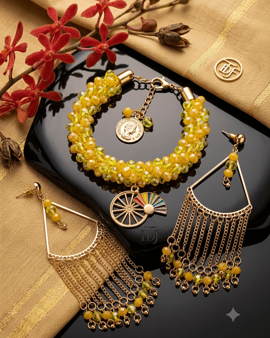Pulseira e Brinco Flor Cigana Amarelo Pulseira e Brinco Flor Cigana Amarelo