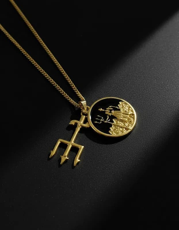 Colar Exú Medalha e Pingente Tridente Orixá banho dourado Colar Exú Medalha e Pingente Tridente Orixá banho dourado