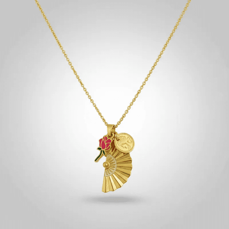 Colar Patuá da Cigana Leque Botao de Rosa e Moeda- Dourado Colar Patuá da Cigana Leque Botao de Rosa e Moeda- Dourado