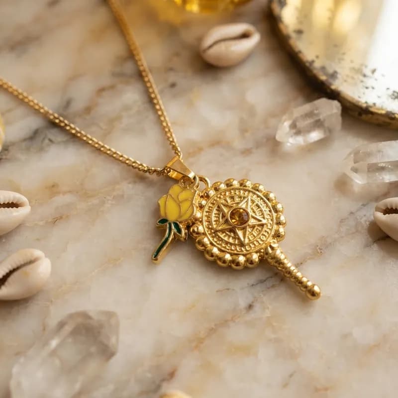 Colar Com corrente e Patuá de Oxum Espelho e Buzio - Dourado Colar Com corrente e Patuá de Oxum Espelho e Buzio - Dourado